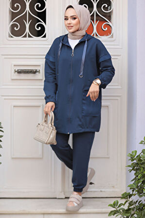 Kapşonlu Lacivert Tesettür İkili Takım 20072L