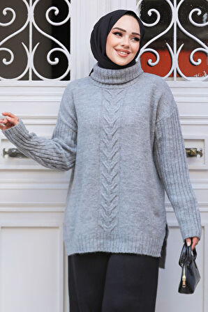 Desenli Gri Tesettür Triko Tunik Kazak 20441GR