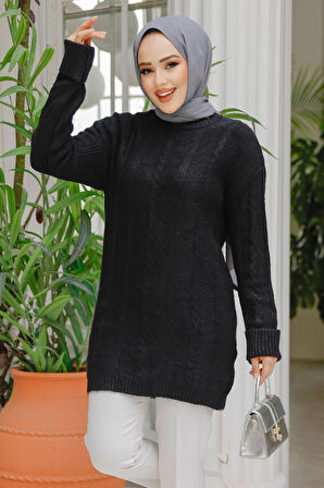 Örgü Desenli Siyah Tesettür Tunik Kazak 20051S