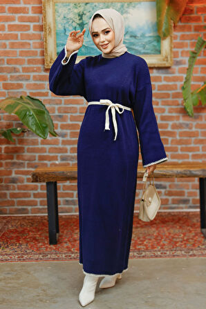 Kemerli Lacivert Tesettür Triko Elbise 34201L