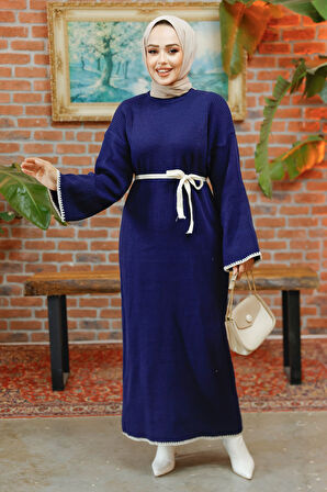 Kemerli Lacivert Tesettür Triko Elbise 34201L