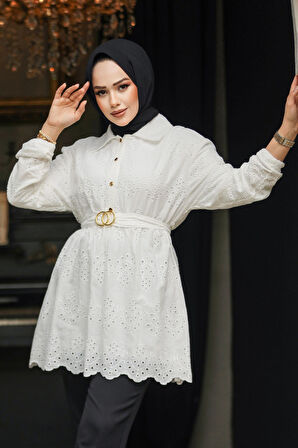 Güpürlü Beyaz Tesettür Tunik 14252B