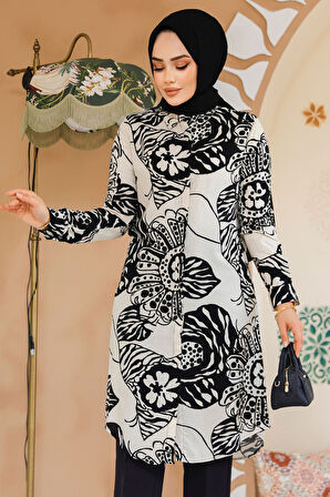 Desenli Siyah Tesettür Tunik 11712S