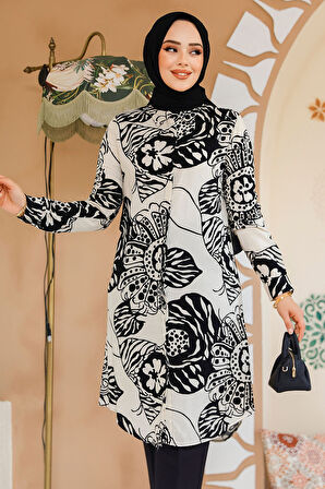 Desenli Siyah Tesettür Tunik 11712S