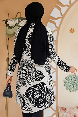 Desenli Siyah Tesettür Tunik 11712S