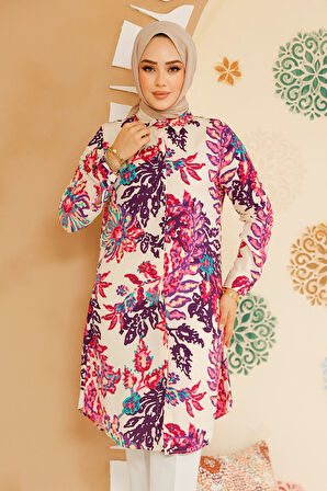 Desenli Pembe Tesettür Tunik 11713P