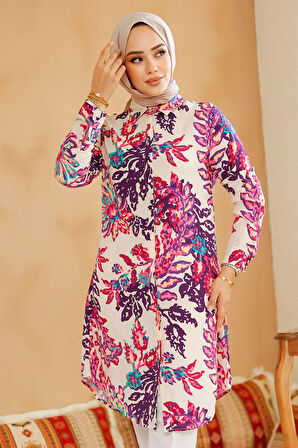Desenli Pembe Tesettür Tunik 11713P