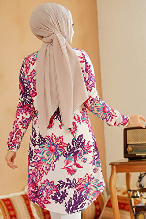 Desenli Pembe Tesettür Tunik 11713P