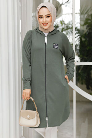 Fermuarlı Haki Tesettür Sweatshirt 30157HK