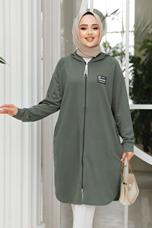 Fermuarlı Haki Tesettür Sweatshirt 30157HK