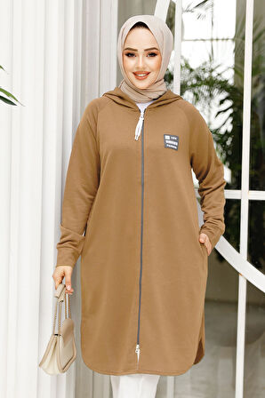 Fermuarlı Camel Tesettür Sweatshirt 30157C