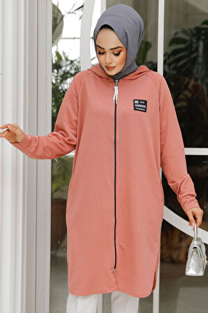Fermuarlı Gül Kurusu Tesettür Sweatshirt 30157GK