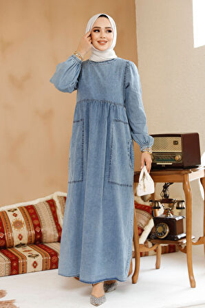 Cepli Kot Mavi Tesettür Elbise 19122M