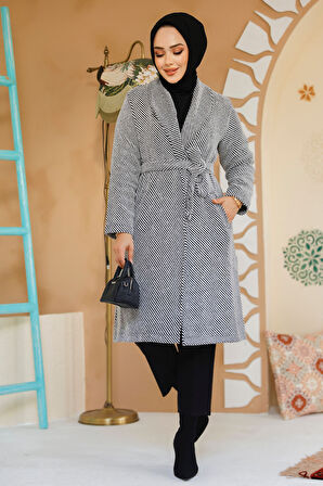 Çizgili Ekru Tesettür Kaşe Kap 60012E