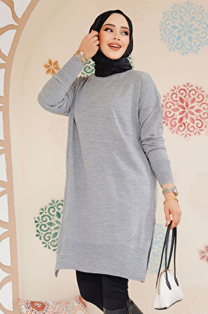 Gri Tesettür Triko Kazak Tunik 17203GR