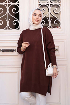 Kahverengi Tesettür Kazak Tunik 17203KH