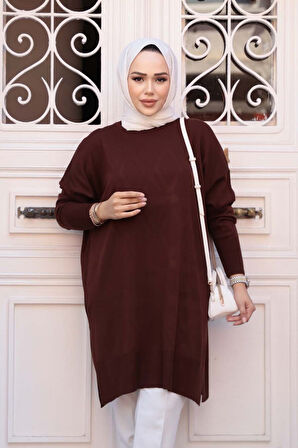 Kahverengi Tesettür Kazak Tunik 17203KH