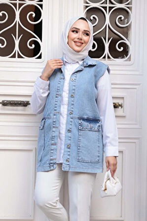 Düğmeli Mavi Tesettür Kot Yelek 20444M
