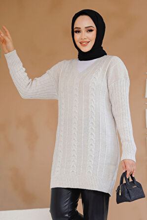Bej Tesettür Triko Kazak Tunik 40671BEJ