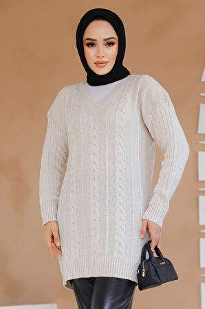 Bej Tesettür Triko Kazak Tunik 40671BEJ