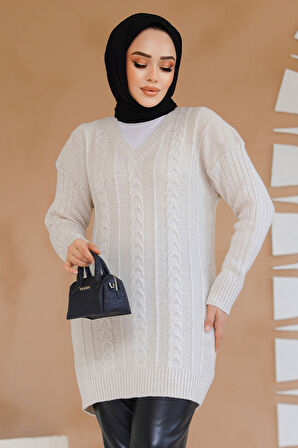 Bej Tesettür Triko Kazak Tunik 40671BEJ