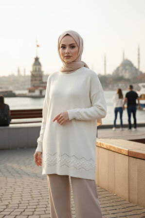 Desenli Ekru Tesettür Triko Kazak Tunik 20023E