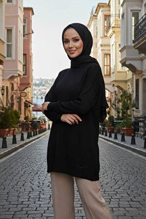 Desenli Siyah Tesettür Triko Kazak Tunik 20023S