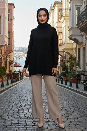 Desenli Siyah Tesettür Triko Kazak Tunik 20023S