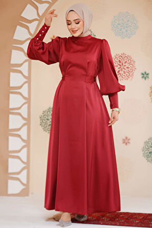 Saten Bordo Tesettür Abiye Elbise 61651BR