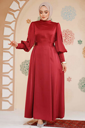 Saten Bordo Tesettür Abiye Elbise 61651BR
