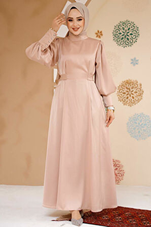 Saten Bej Tesettür Abiye Elbise 61651BEJ