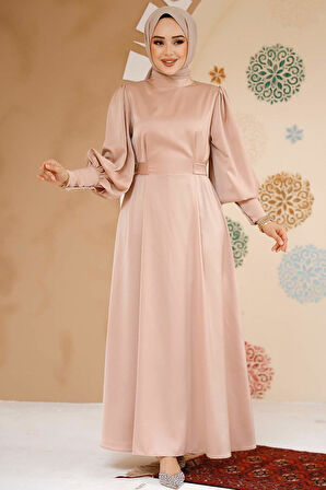 Saten Bej Tesettür Abiye Elbise 61651BEJ