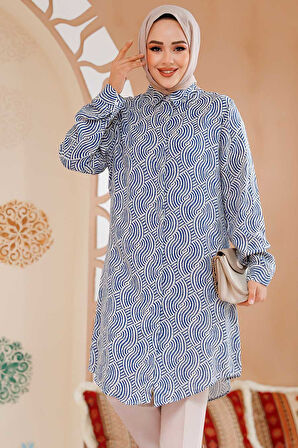 Desenli İndigo Mavisi Tesettür Tunik 11719IM