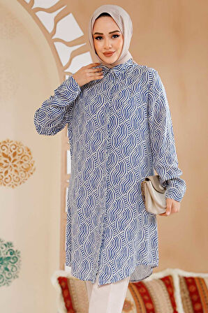 Desenli İndigo Mavisi Tesettür Tunik 11719IM