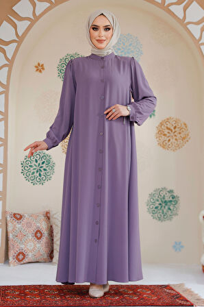 Düğmeli Lila Tesettür Abaya 45283LILA