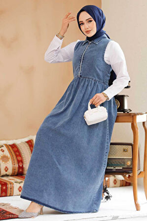Fermuarlı Kot Koyu Mavi Tesettür Jile Elbise 19135KM