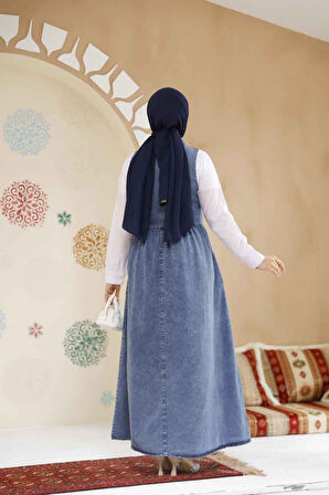 Fermuarlı Kot Koyu Mavi Tesettür Jile Elbise 19135KM