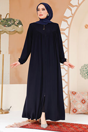 Fermuarlı Lacivert Tesettür Ferace 45285L