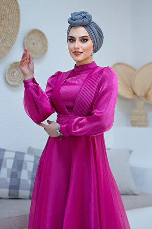 Drape Detaylı Fuşya Tesettür Abiye Elbise 45701F
