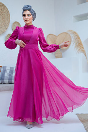 Drape Detaylı Fuşya Tesettür Abiye Elbise 45701F