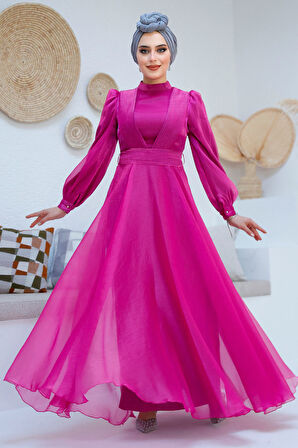 Drape Detaylı Fuşya Tesettür Abiye Elbise 45701F