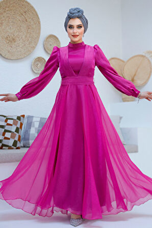 Drape Detaylı Fuşya Tesettür Abiye Elbise 45701F