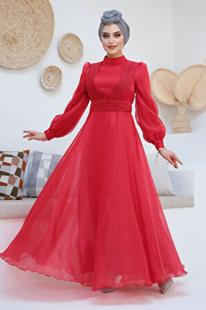 Drape Detaylı Kırmızı Tesettür Abiye Elbise 45701K
