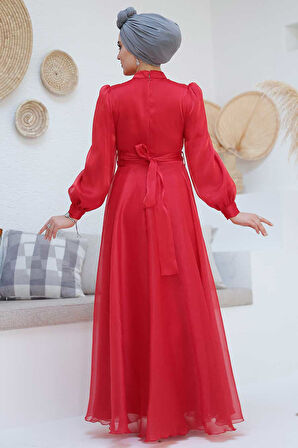 Drape Detaylı Kırmızı Tesettür Abiye Elbise 45701K