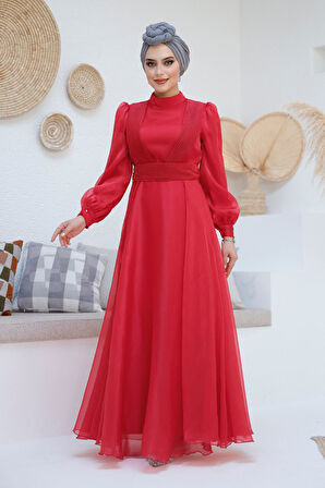Drape Detaylı Kırmızı Tesettür Abiye Elbise 45701K