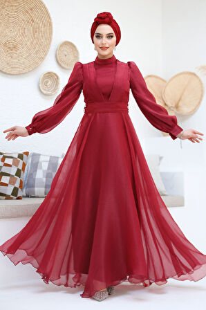 Drape Detaylı Bordo Tesettür Abiye Elbise 45701BR