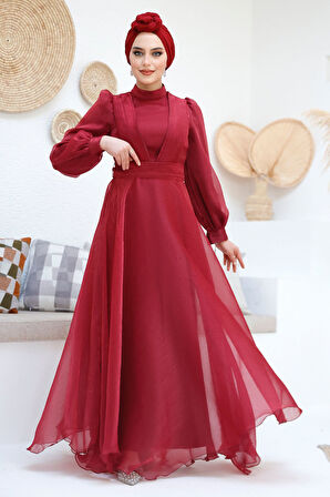 Drape Detaylı Bordo Tesettür Abiye Elbise 45701BR
