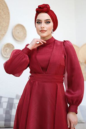 Drape Detaylı Bordo Tesettür Abiye Elbise 45701BR