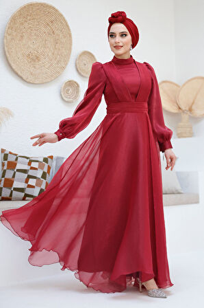 Drape Detaylı Bordo Tesettür Abiye Elbise 45701BR