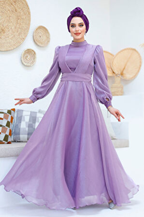 Drape Detaylı Lila Tesettür Abiye Elbise 45701LILA